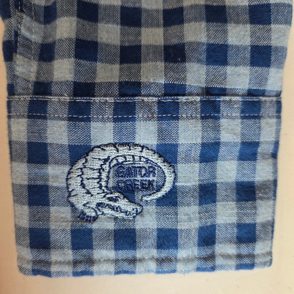 Johnnie-O Hangin Out Mens Blue Gingham Button Down Shirt Gator Creek Logo Medium